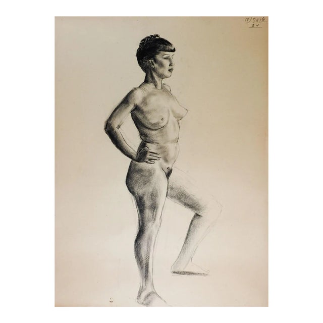 Vintage 1950s Charcoal Nude Female Figure Study Drawing For Sale