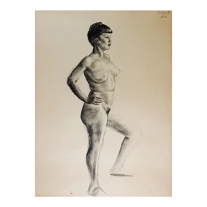 Vintage 1950s Charcoal Nude Female Figure Study Drawing