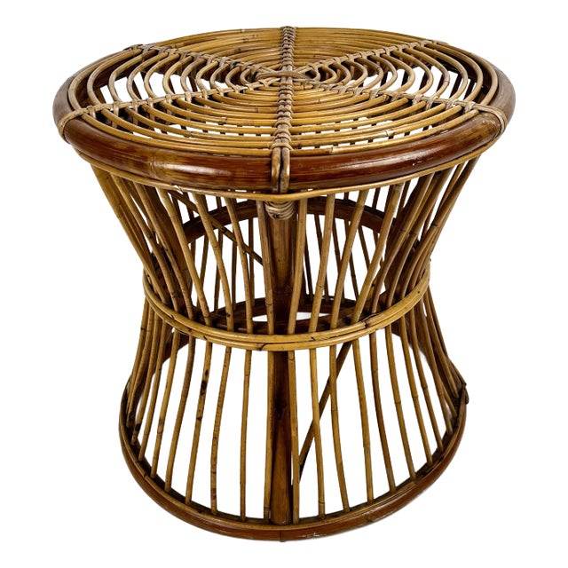 Vintage Round Pencil Reed Rattan Side Table For Sale