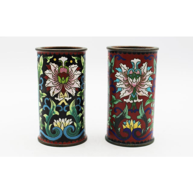 Pair of Chinese cloisonne small brush pots, circa 1880s. Aesthetic Movement brush or pen holders, later Qing dynasty....