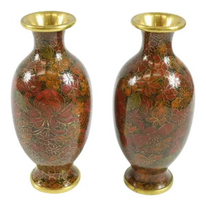 A Pair of Mid 20th Century Chinese Brass Decorative Cloisonne Vases