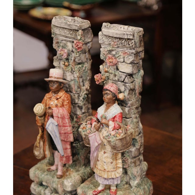 Pair of 19th Century French Barbotine Figural Majolica Vases For Sale - Image 4 of 12