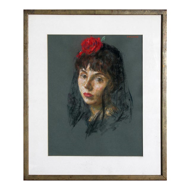 Thomas Strickland, "Lourdes With Red Rose", Framed Pastel Portait For Sale