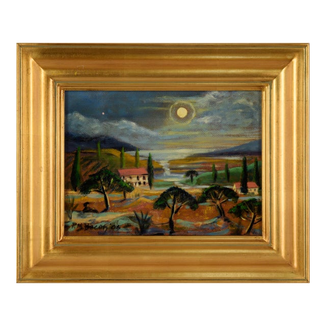 "Tuscan Moon" Nocturnal Landscape in Acrylic on Masonite by Richard M. Bacon For Sale