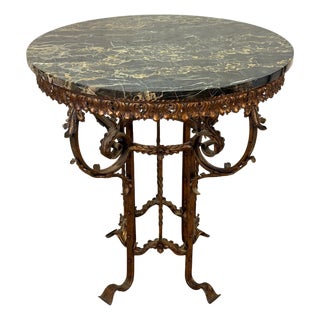 Antique Victorian Rococo Wrought Iron Marble Round Top Side Table For Sale