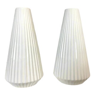 Tall White Ribbed Ceramic Vases | Pair For Sale