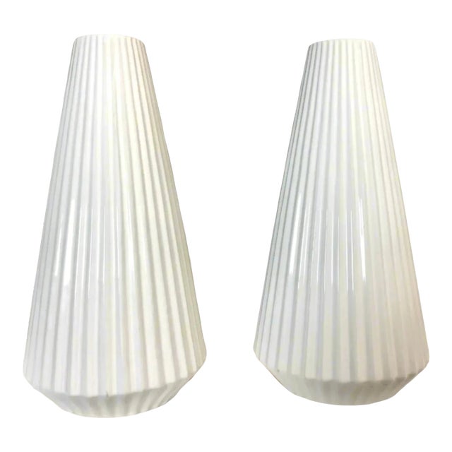 Tall White Ribbed Ceramic Vases | Pair For Sale
