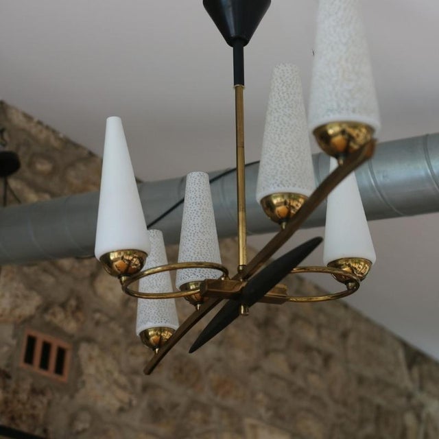 Art Deco Opaline and Brass Chandelier, 1950s For Sale - Image 13 of 18