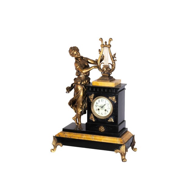 Lady Playing Harp Pendulum Mantel Clock on Marble Base, 1900s For Sale - Image 10 of 10