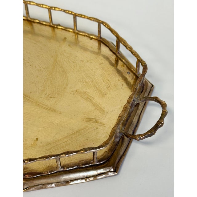 Metal Vintage Octagonal Faux Bamboo Rail Brass Gallery Tray For Sale - Image 7 of 7