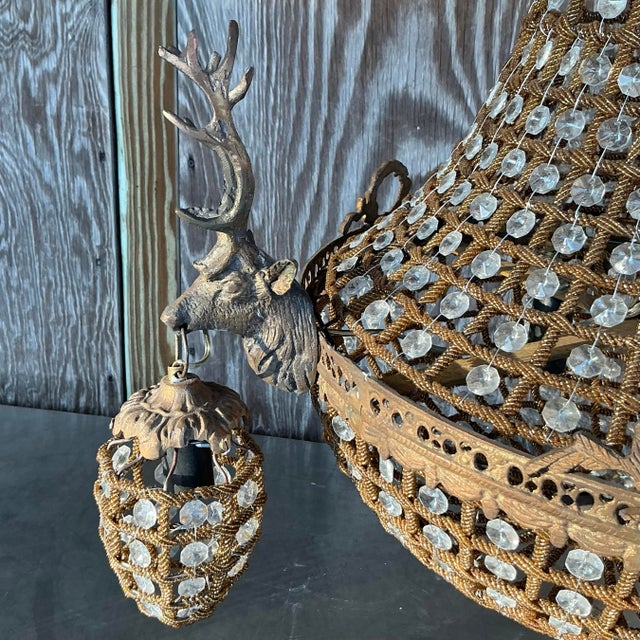 Vintage Regency Crystal Stag Chandelier For Sale - Image 4 of 7