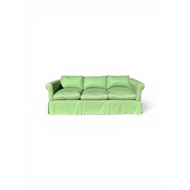 Gorgeous Avery Boardman three seater sofa with down filled cushions. It's upholstered in a Kelly green moire cotton...
