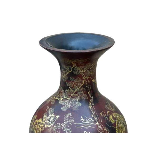 Chinese Brown Lacquer Golden Scenery Decorative Wood Vase Art For Sale In San Francisco - Image 6 of 18
