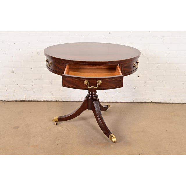 1980s Baker Furniture Georgian Flame Mahogany Pedestal Drum Side Table or Tea Table, Newly Refinished For Sale - Image 5 of 14