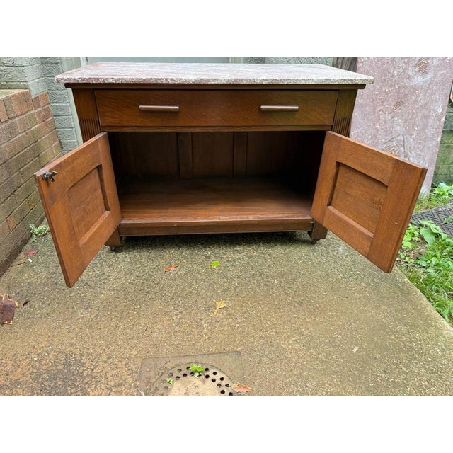 Wood Antique French Art Deco Style Marble Top Oak Wood Cabinet Sideboard With Geometric Front For Sale - Image 7 of 18