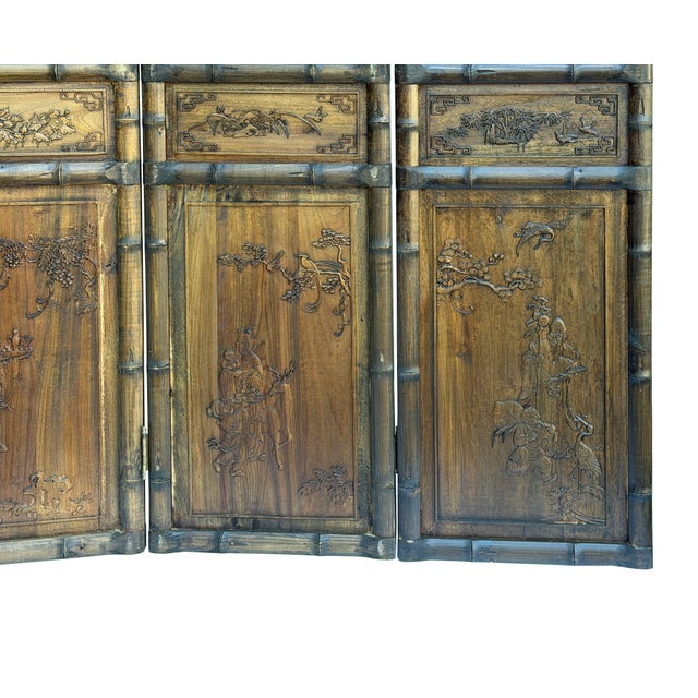 Vintage Finish Openwork Figural 4 Panels Wood Floor Screen Room Divider For Sale - Image 11 of 13