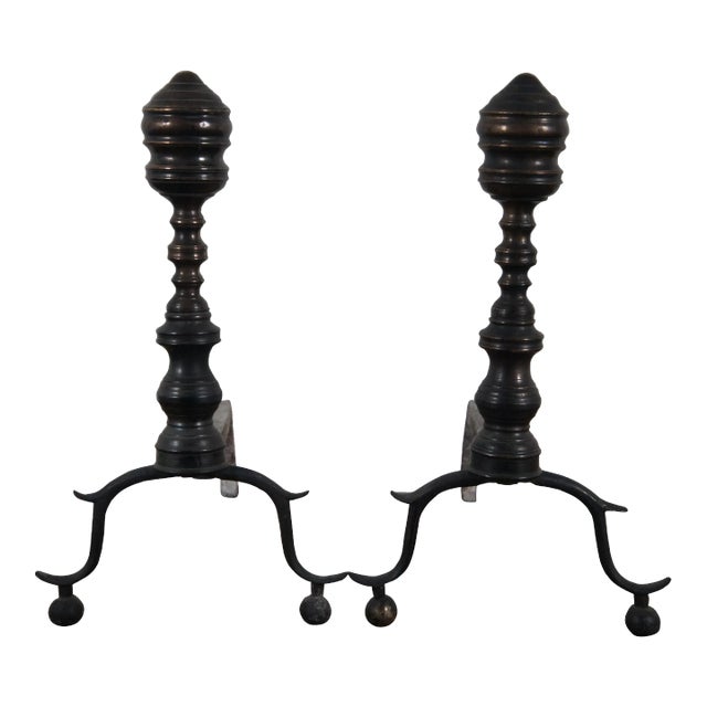 Late 18th Century Antique Georgian Wrought Iron Brass Hearthware Fire Dogs Andirons- Set of 2 For Sale