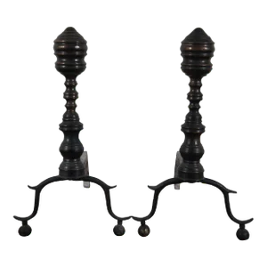 Late 18th Century Antique Georgian Wrought Iron Brass Hearthware Fire Dogs Andirons- Set of 2