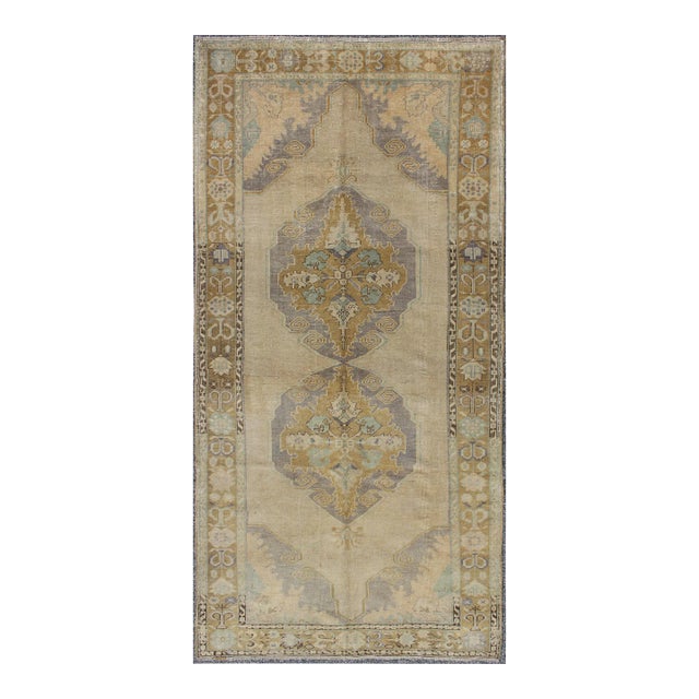 Mid 20th Century Vintage Gallery Turkish Oushak Rug With Floral Medallions in Earthy Tones and Lavender For Sale