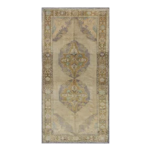 Mid 20th Century Vintage Gallery Turkish Oushak Rug With Floral Medallions in Earthy Tones and Lavender