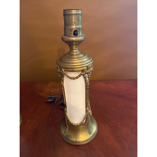 Pair of Vintage French Empire Brass & Milk Glass Table Lamps 12" X 4.5" Ca. 1950 For Sale - Image 10 of 18