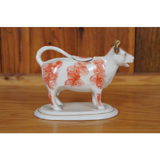 Mid 19th Century Antique English Staffordshire Porcelain Red & White Cow Bull Creamer Pitcher For Sale - Image 5 of 11
