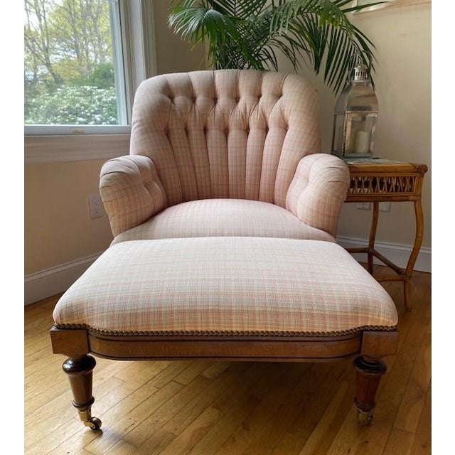 Traditional Custom Tufted Wingback Chair and Ottoman in Pink by Oscar De La Renta For Sale - Image 3 of 12