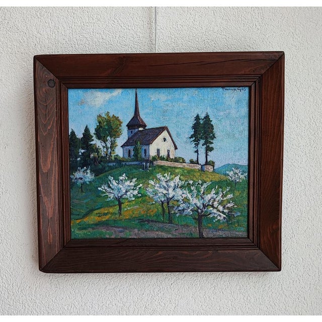 François Gos, Paysage de printemps avec une chapelle, Oil on Canvas, Framed For Sale - Image 11 of 11