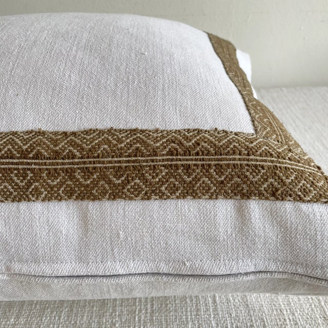 Antique French Metis Linen Pillow With Brown Woven Trim For Sale In Los Angeles - Image 6 of 6