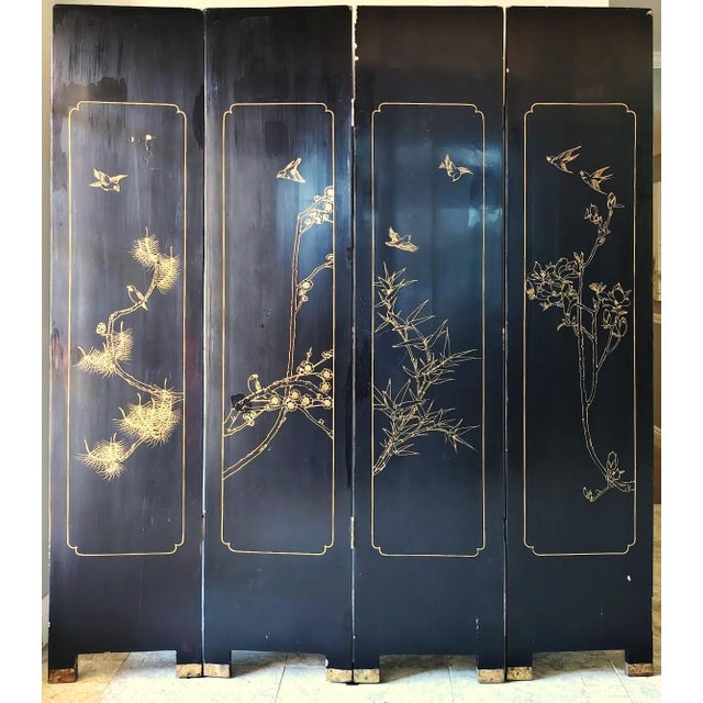 Mid 20th Century Chinese Export Four Panel Carved Soapstone Coromandel Screen For Sale - Image 9 of 9