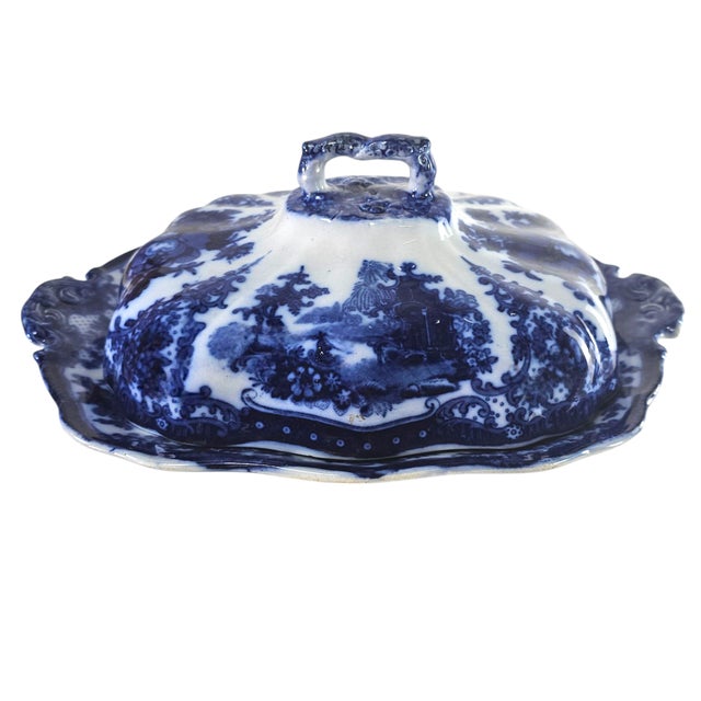Victorian Antique W. Adams Fairy Villas Flow Blue Covered Serving Dish 13.5" For Sale - Image 3 of 15