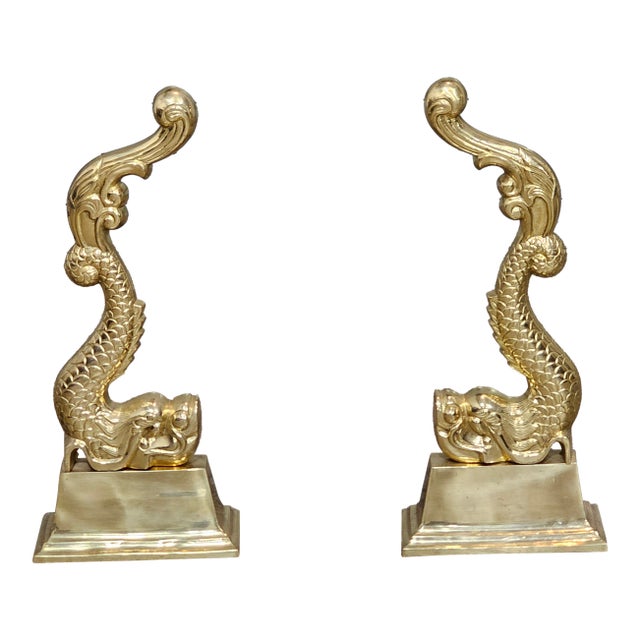 Late 20th Century Virginia Metalcrafters Pair of Brass Dolphin Andirons For Sale