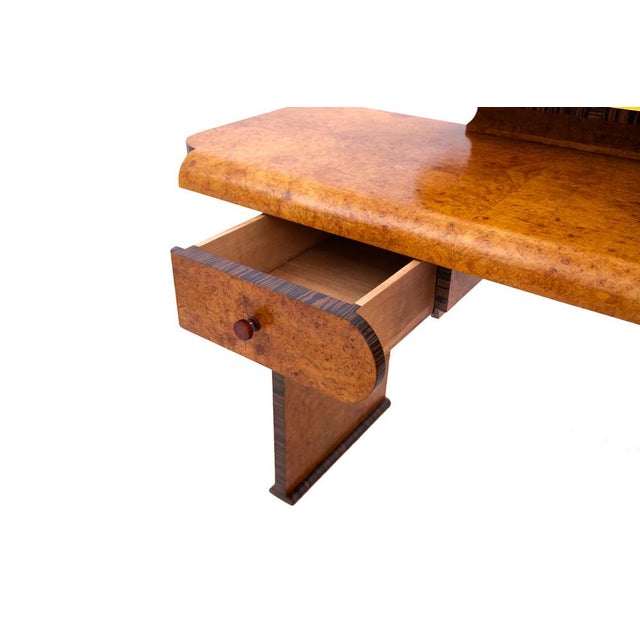 Art Deco desk, Poland, circa 1950. Dimensions: height 121 cm / width 116 cm / depth 52 cm, chair recess: height 61 cm /...