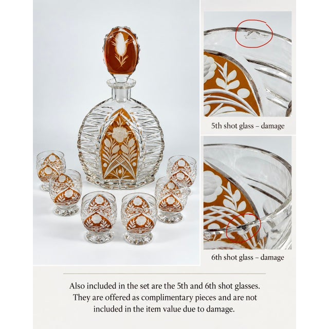 Art Deco Amber Overlay Cut Crystal Decanter & Cordial Glasses, 1930s, Set of 5 For Sale - Image 16 of 17