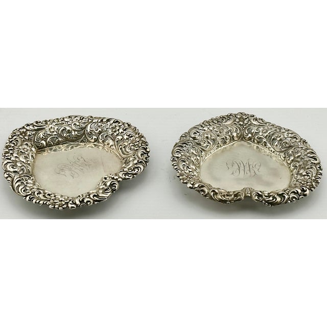 Late 19th Century Beautiful Original Matched Pair of Fancy Antique American Victorian Sterling Silver Heart Shape Bon Bon Serving Dishes For Sale - Image 10 of 18