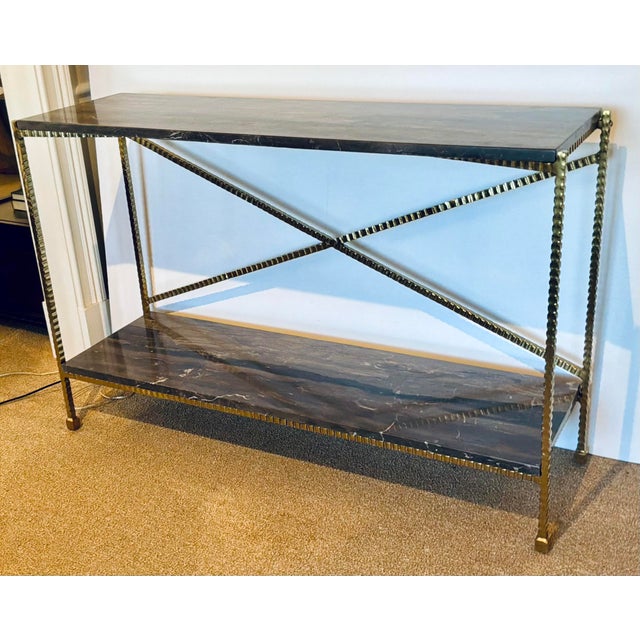 Modern Currey & Company Modern Brown Marble Flying Console Table For Sale - Image 3 of 6