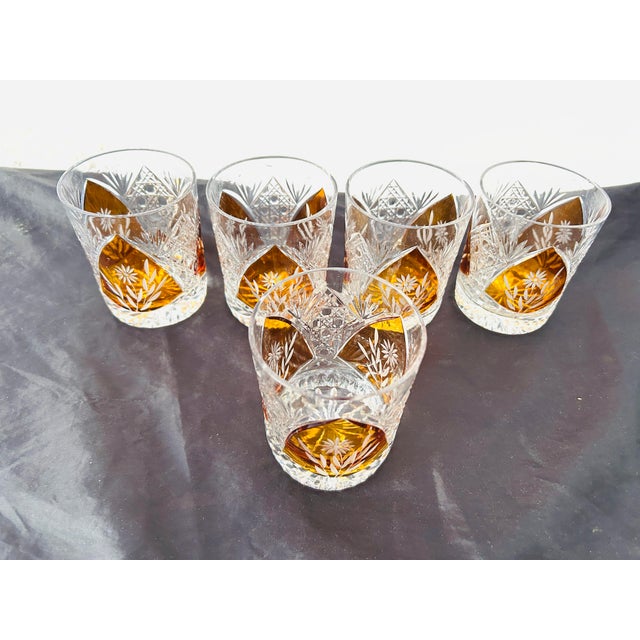Vintage Bohemian Crystal Cut With Amber Floral Design Tumblers S/5 For Sale - Image 4 of 6