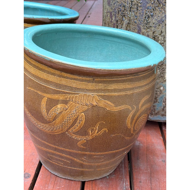 Large Chinese Glazed Terracotta Earthenware Planter Set Decorated With Dragons Egg Pots For Sale - Image 13 of 18