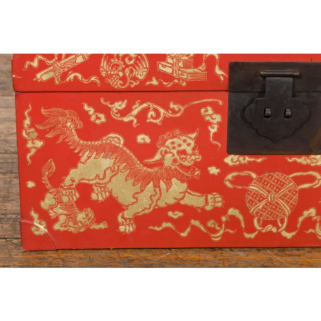 Red Lacquered Chinese Blanket Chest with Gilt Motifs and Guardian Lions For Sale - Image 10 of 12