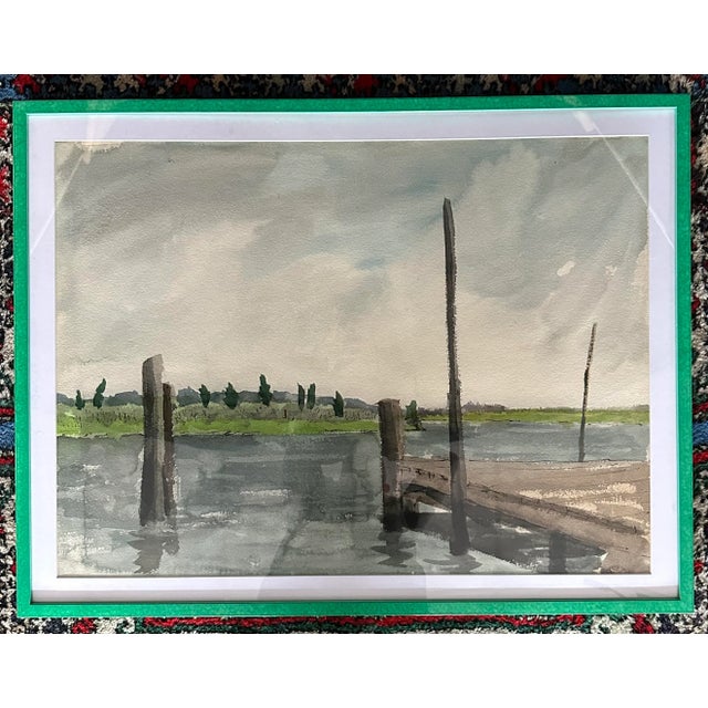 Farmhouse Large Coastal Vintage Watercolor Painting of a Pier Waterfront Landscape "End of the Pier", Newly Framed For Sale - Image 3 of 9
