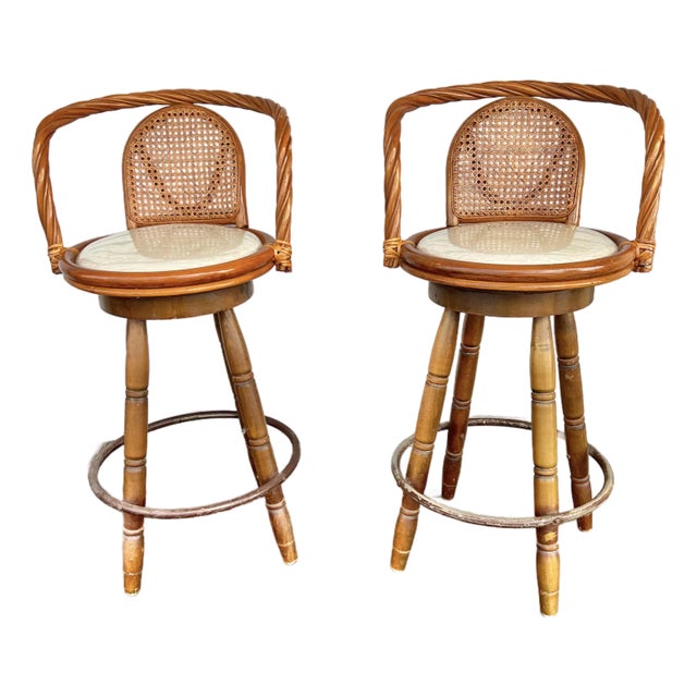 1960s Mid-Century Modern Mid 20th Century Bamboo Swivel Stools - Set of 2 For Sale