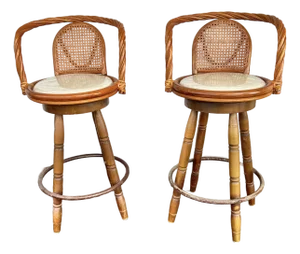 Vintage Mid-Century Tommy Bahama Bamboo Swivel Stools - Set of 2