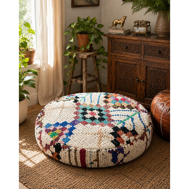 Large Vintage Moroccan Boucherouite Round Pouf Cover For Sale In Los Angeles - Image 6 of 6