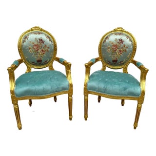 French Style Sky Blue Velvet Chairs With Gold Details- Set of 2 For Sale