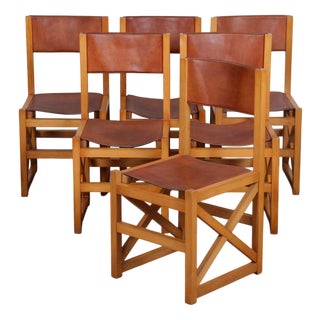Vintage Chairs in Wood and Leather, 1980s, Set of 6 For Sale