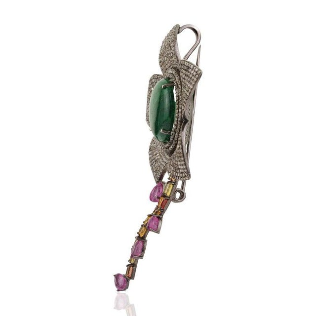 Large Floral Emerald Brooch With Rubies, Sapphires & Diamonds in 925 Silver For Sale - Image 6 of 14