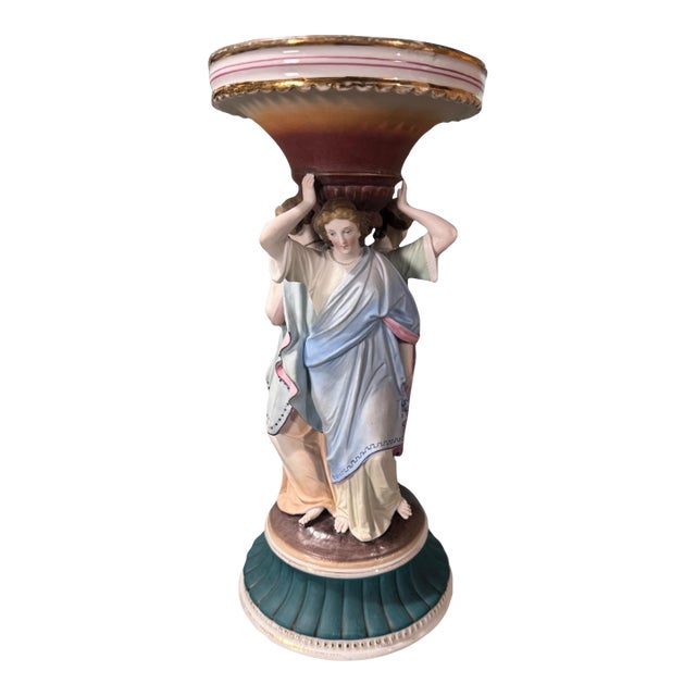 Antique Victorian 11.5" 3 Graces Figural Porcelain Compote Candlestick Vase With a Bisque Finish For Sale