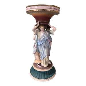 Antique Victorian 11.5" 3 Graces Figural Porcelain Compote Candlestick Vase With a Bisque Finish