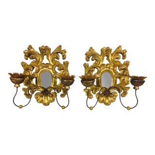 Vintage 1950s Italian Baroque Gilded Wooden Sconces - a Pair. For Sale