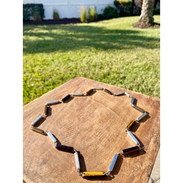 Silver Carved Tiger Eye Gemstones + Sterling Siver Modernist Minimalist Link Necklace For Sale - Image 8 of 8